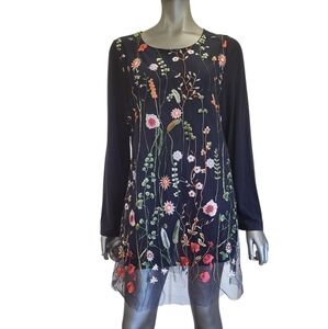156B. NWT Highness Floral Embroidered Navy Blue Top/Dress - Size XL